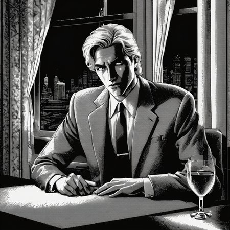 <lora:Macpaint-XL-000015:1>, Macpaint, black and white pixel image of a blonde haired man in a suit sitting at a table in a restaurant at night, bottle, plant and curtain in background, with a window, film noir, pixel art, best quality, 80s, masterpiece, dithering