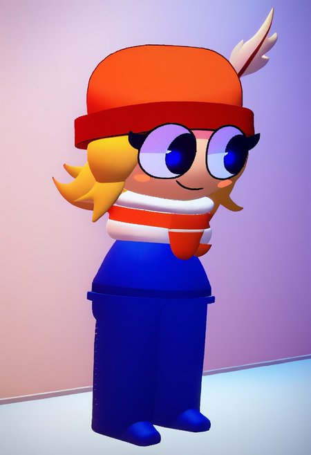 score_9,score_8_up,score_7_up, score_6_up, source_cartoon, g0th1c, glowing, neon lights, glowing eyes, Expressiveh, BREAK, Bambisona style, 3d, 3d art, beautiful, masterpiece, (cartoon), round head, bright colors, 1girl, cylinder legs, light-skinned, light skin female, red beanie, beanie, scarf, red stripped scarf, white scarf, hat, red hat, feather hat, golden feather, blue shirt, blue pants, beanie, blue eyes, full body, short hair, tied hair, blonde, feather on hat, chibi, large eyes, blush stickers, smiling, short female, cowboy shot, white room, white floor, white walls, paintings on walls, chairs, table, shortstack