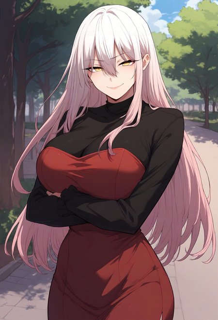 score_9, score_8_up, score_7_up, score_6_up, source_anime, rating_explicit, 1girl, solo, huge breasts,<lora:Cupid King prefectPonyxl:0.85>long hair, hair between eyes, yellow eyes, white hair, pink hair, sidelocks, black shirt, long sleeves, strapless, red dress, half-closed eyes, smirk, park, outdoors, looking at viewer, crossed arms