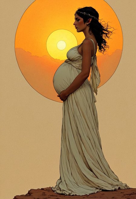 classic figure study, STYLE: "A fusion of Raimundo de Madrazo y Garreta + Moebius modern art ink drawing beautiful detailed mysterious ominous." :: pregnant elf-mother silhouetted by sunset, in profile, wearing a sundress, skirt blowing in the breeze, distinctive face, detailed skin & texture, style of ligne claire (minimalism:1.5) digital ink visuals, complex, deep background,
The golden ratio and geometric principles guide element placement, ensuring harmony and order.