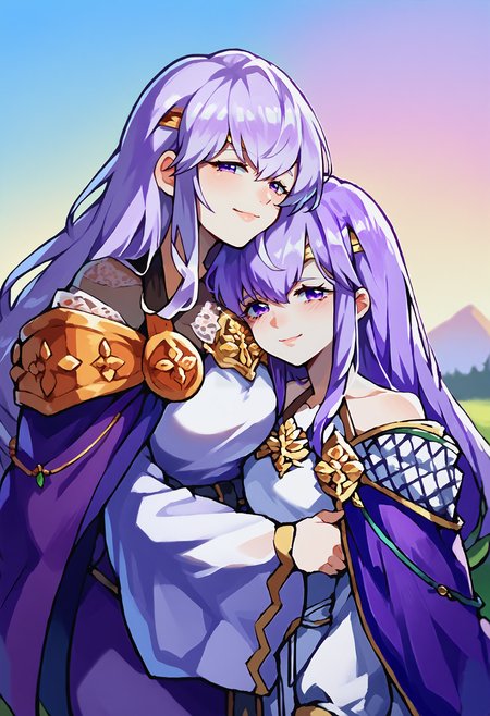 score_9, score_8_up, score_7_up, source_anime, 2girls, looking at viewer, smile, hug,  BREAK <lora:fedeirdre-pdxl-nvwls-v1:1>, defdrd, wavy hair, white hair, long hair, purple eyes, circlet, purple cape, white dress, off-shoulder dress, wide sleeves, long dress, purple belt, large breasts, BREAK <lora:Julia-pdxl_Fp:1>, juliafe4, purple hair, purple eyes, circlet, white dress, bare shoulders, purple cape, ribbon, brooch, outdoors, white sleeves,