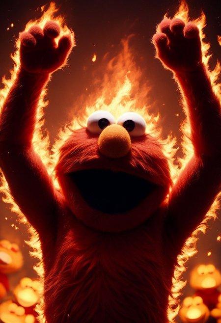 score_9, score_8_up, elmo, muppet, cute, naked, demonic laugh, arms up, upper body, (((flames in the background))),  red sky, surrounded by fire, fire in the background, everything on fire, debris in the air, mad-flames, photo