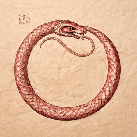 Ouroboros, ruby colored eyes, snake eating its own tail, snake with its tail in its mouth, snake, solo snake, drawn on ancient parchment paper, background is parchment paper. ancientegypt, detailed background.