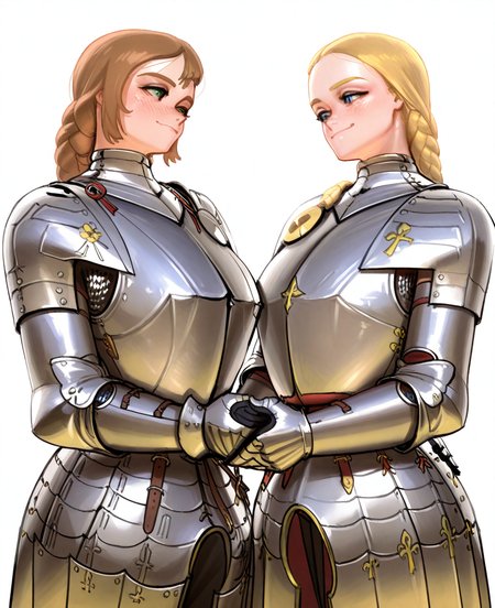 <lora:wassnonnamC:1> wass nonnam, wassnonnam,
(masterpiece), (best quality), (ultra-detailed), amazing quality, very aesthetic, illustration, perfect composition, intricate details, absurdres, incredibly absurdres, shiny skin, realistic,
 wassnonnam, armor, multiple girls, 2girls, blonde hair, blue eyes, white background, braid, simple background, chainmail, breastplate, plate armor, green eyes, looking at another, medieval, shoulder armor, gauntlets, smile, full armor, brown hair, pauldrons, blush, helmet, knight, unworn headwear, closed mouth, faulds, general