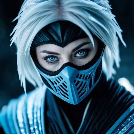 cinematic film still of  <lora:Frost Mortal Kombat:1>
Frost Mortal Kombat a pale white cold skin woman with an ice frost hair and frost eyes and a black mask and a blue ninja costume, shallow depth of field, vignette, highly detailed, high budget, bokeh, cinemascope, moody, epic, gorgeous, film grain, grainy
