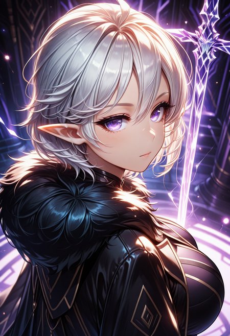 masterpiece, best quality, anime,  BREAK 1girl, solo, ms reina,purple eyes, white hair, short hair, large breasts, pointy ears,slender,black body suit, fur coat, cape:1.4,expressionless, dark aura,
,blurry, blurry background,   (from above:1.2),looking at viewer, from side,(looking back:1.2),looking up,(light particles:1.6), upper body, (purple light:1,6),   <lora:RealisticAnimeIXL:0.6> bokeh, luminescent background,  <lora:Dramatic Lighting Slider:6>,  <lora:swordsalute-pose-richy-v1_ixl:1> swordup, looking at viewer, close-up  <lora:Reina-ILXL-V1:1>