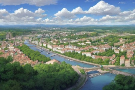detailed, background: medieval city with tall walls, frond ground: farmer's market along road to city's gate, left side from market: not wide river with small pier, where stand some boats, shinig, day,