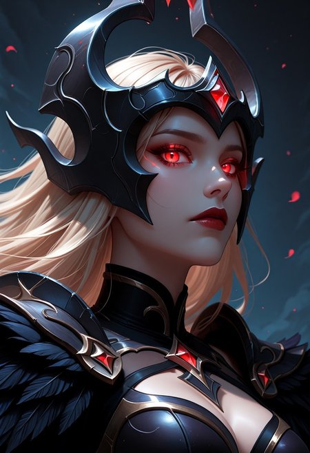 cvSyndra, dark gothic sorceress, 
elegant black and violet armor, intricate feathered pauldrons, ornate corset with glowing violet accents, high collar, dark regal headdress with red gem in the middle, red orbs,  high fantasy, closeup, dynamic pose,  red eyes, glowing eyes, light blonde hair, portrait, monochromatic color, black, ethereal woman in soft light, shadow crawling behind her expression, neutral, looking at viewer, dream or illusion, palette porcelain skin, style surreal, cinematic, angle half-lit portrait, profile,