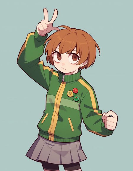 zPDXL, score_9, score_8_up, score_7_up, source_anime, 4k, absurdres, 1girl, solo,
<lora:CWew:0.9> cwew,  <lora:zs_ChieXL:0.6> chiedef, brown hair, short hair, brown eyes, track jacket, green jacket badges, skirt, houndstooth, bike shorts, white socks, grey skirt, round eyes,