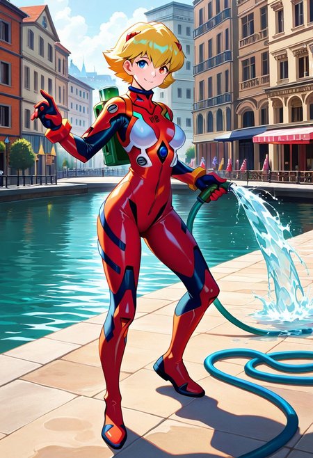 <lora:Megaman_Legends>,megaman_legends,(looking at viewer:1.2),(close-up:1.2),score_9, score_8_up, score_7_up, source_ super mario sunshine, (a mature female lady with a water tank on her back ),BREAK, animated painting, (smile:1.6), (standing:1.3), (contrapposto;1.3), (fighting pose:1.7), (good finger:1.2), (five fingers:1.2), (perfect anatomy:1.5), (Beautiful girl:1.4), (blonde short hair:1.6), ((ultra detailedtanned)), ((extremely detailed CG)), skin, authentic skin texture, gradient eyes, ((beautiful detailed eyes)), faint lips, ((Premier Quality)), (Ultra High Definition), ((perfect anatomy)), (solo), BREAK, heterochromia, (diving equipment on her ), ((full body clothed)), ((wet suit:1,8)), (tactical gear), (tank pack), ((red right eyes, blue left eyes)),BREAK, (background inspired by place Delfino and Venice :2,3)(big pipeline, water, harbor, hose, cartoon town), BREAK, ( evangelion_style:0,3), mecha musume, ( Megaman Legends 2 style: 1,6), ( aria the masterpiece style:1.4),soft skin, skindentation, thicc