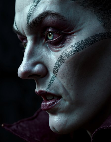zavy-vmpr, Extreme close-up of a face in side profile, a gothic vampire with intricate silver filigree tattoos tracing his jaw and neck, a piercing gaze that blends seduction and menace, captured in a chiaroscuro style emphasizing dramatic shadows and highlights, a rich palette of deep burgundy and midnight blue with hints of iridescent silver.