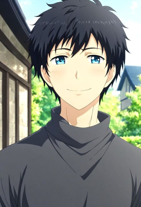 high resolution, solo, best quality, 1Boy, Arata Kaizaki, Black Hair, Blue Eyes, Looking at viewer, happiness, depth of field, half body, outdoor, OverallDetail