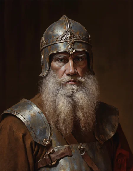 Rembrandt style <lora:DB:1>, This is a highly detailed digital painting of an elderly man with a rugged, weathered appearance. He is adorned in ancient Roman or Greek-style armor, featuring a metallic helmet with intricate, ornate designs and a stylized face on the front. The helmet's surface is polished to a reflective sheen, showcasing the craftsmanship and antiquity of the piece. The man's facial expression is stern and contemplative, with deep-set eyes and a thick, bushy white beard that cascades down to his chest. His skin is tanned and wrinkled, indicating years of exposure to the elements. He wears a brown leather tunic, which is visible around his shoulders, with a strap across his chest that secures the armor. The background is a blurred, gradient mix of dark browns and blacks, emphasizing the subject without distracting from his detailed features. The texture of the armor and the man's skin is rendered with meticulous attention to detail, highlighting the realism and historical accuracy of the artwork. The overall style is realistic with a slight emphasis on hyperrealism, capturing the essence of ancient warriors and their equipment in a contemporary digital medium., <lora:t0lst0y:1> . Baroque, chiaroscuro, realistic, emotional, "flat lighting