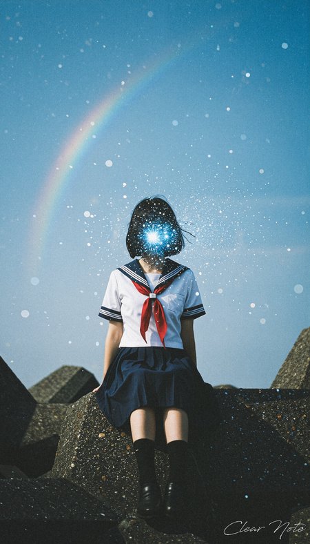 Japanese Culture Style, Emotional Photos, 35mm film, A girl in a Japanese sailor uniform is sitting on a breakwater., her face dissolving into sparkling blue stardust.