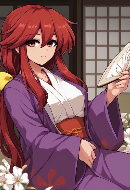 score_9, score_7_up, source_anime, score_cartoon, BREAK, colorful, aesthetic, illustration, kotohime (touhou), long hair, red hair, red eyebrows, hair between eyes, bangs, sidelocks, low-tied long hair, tied hair, low ponytail, hair ribbon, yellow ribbon, red eyes, breasts, purple coat, floral print, kimono, obi, wide sleeves