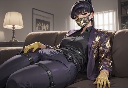safe_pos, score_9, score_8_up, score_8,indoors,on sofa,dim lighting, from sideways,AzamiR6S,1girl,solo,lying on back,looking at viewer,horny,beautiful face,beautiful eyes, brown eyes,black hair, blunt bangs, ponytail, black eyeliner, single earring,(curvy:1), small breasts,fupa,thick thighs,mouth mask, yellow gloves, purple jacket, print jacket, black collared shirt, harness, black belt, purple pants, thigh strap