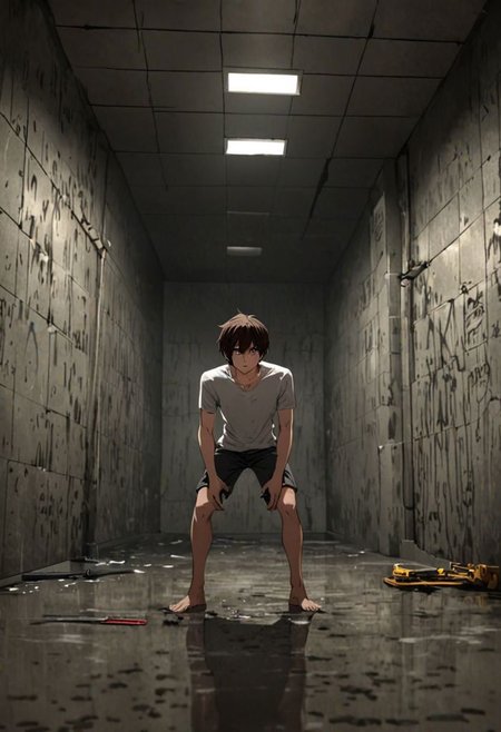Highres, Masterpiece, High Quality, 4K, 8K, solo, 1Boy, Seiya Kanie, short dark brown hair, golden eyes, interrogation room, kidnapper, basement, dark, dimly lit, concrete walls, eerie, abandoned room, damp, stuffy, concrete floor, satisfied expression, revenge, looking down at viewer from bottom, threatening, intimidating, dominant, standing on top, weapons, rulers, easynegative, detailed_eye_model