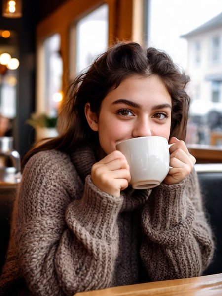 Cinematic fashion photograph  Amina_Massoud_P_MXAI_SDXL , wearing a cozy knitted sweater, sitting in a café, holding a steaming mug with both hands, happy expression,