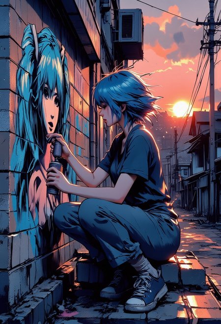 Special Ink-drawing mode, intricate linework with expressive contrasts, Mh1$AgThS2,  japanese woman, shaggy blue hair, baggy pants, sneakers, spraying graffiti of Hatsune Miku on a brick wall, run-down town area, sunset