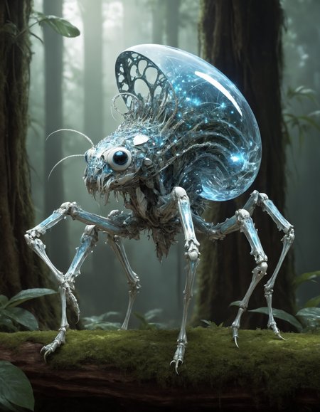 famous artwork by (anthony s. waters:1.2), crystalline, (fractal art:1.2), fantasy style, this peculiar life form, the fuzzy scuzznorbler hides in the flarbifying dense crystal jungles of the confrectioned exoplanet carefuleverythingwantstoeatyouhere, covered in a metallic exoskeleton it (ambushes its prey:1.4) with (long crystalline appendages:1.3)