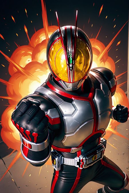 score_9,score_8_up,score_7_up,male focus,ultra-detailed,high resolution,digital painting,8k,1boy,solo,cowboy shot,from above,perspective,clenched hand,male focus,detailed face,helmet,armor,bodysuit,belt,tokusatsu,black bodysuit,fighting stance,fire, explosion,<lora:add-detail-xl:1>,<lora:KamenRider Faiz[illustrious]:0.7>,kamenrider faiz,kamen rider,<lora:League_of_Legends__illustrious-XL:0.5>,