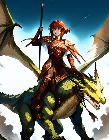 zPDXL3,<lora:Pony_DetailV2.0:1>,sky BREAK 1girl,1other,large breasts,
BREAK wyvern rider,dragon riding,dragon wings,knight,green dragon,polearm,holding polearm,holding weapon,flying,smile,<lora:wyvern rider-pony-v31:1> BREAK feMva,red hair,short hair,red eyes,green headband,red armor,shoulder armor,gauntlets,gloves,brown pants,pelvic curtain,armored boots,<lora:feminerva-pdxl-nvwls-v1:1>,