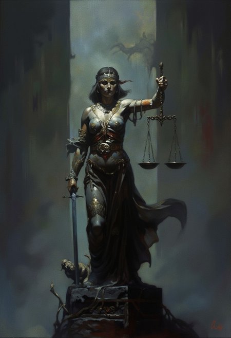 The scales of justice, symbol of justice, mythology and religion, gods and goddesses, 
Justitia:
The Roman goddess of justice, Justitia was often portrayed wearing a blindfold and holding a sword and scales that were evenly balanced. 
The scales of justice symbolize the importance of finding a solution that addresses all parties involved, including the guilty, the innocent, and the law itself.
<lora:FLUX-daubrez-DB4RZ-v2:0.55> <lora:Sinfully_Stylish_.02_for_FLUX:0.35> <lora:dystopia:0.6>