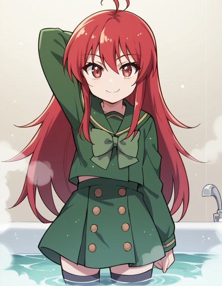 score_9, score_8_up, score_7_up, source_anime, <lora:shakugan-no-shana-s3-ponyxl-lora-nochekaiser:1>, shana, long hair, red hair, red eyes, ahoge, sidelocks,, school uniform, serafuku, green serafuku, bowtie, green bowtie, green shirt, green sailor collar, long sleeves, green skirt, buttons, thighhighs,, bathtub, water, bubbles, steam, towel, smile, hand behind head, , looking at viewer, solo,, dutch angle, cowboy shot