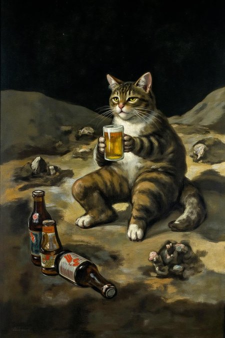 g0ya1 painting. A cat enjoying a beer on the lunar surface, surrounded by empty and full beer bootles. Rocky terrain, desolate and otherworldly landscape <lora:g0ya2_cap_d6a3e12:1.0><lora:823852719967298072:0>