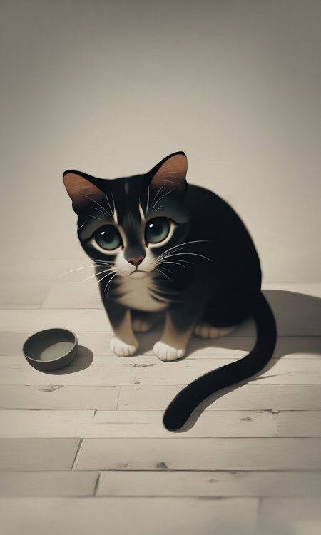 score_9, score_8_up, score_7_up, cat, gloomy, depressed, sad, hungry, looking at viewer, sitting BREAK (empty bowl) on floor, shadow, big eyes, (vector trace)