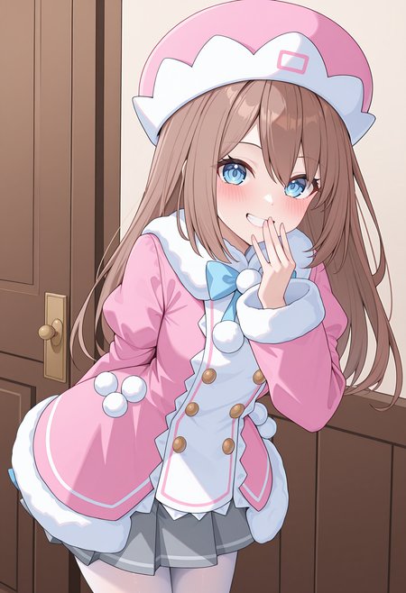 highres, best quality, masterpiece, indoors,
1girl, solo, nptram, brown hair, long hair, blue eyes,
nramdef, hat, pink headwear, pink coat, dress coat, pom pom \(clothes\), double-breasted, fur-trimmed coat, grey skirt, skirt under dress, pleated skirt, white pantyhose,
looking at viewer, blush, smile,
hand to mouth, teeth, leaning forward, 
<lora:_ram_neptunia-elesico-ilxl:1>