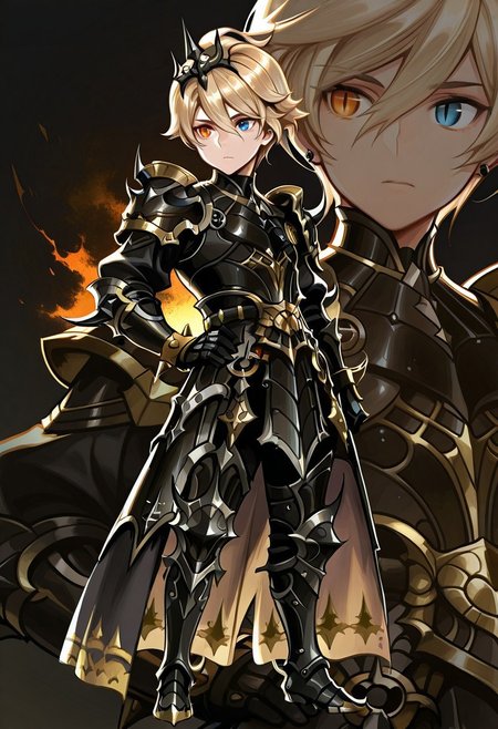 ace (seven knights), blackspikes, blonde hair, short hair, swept hair, slit pupils, heterochromia, orange eyes, looking to the side, hair ornament, black armor, greaves, hand on hip, solo, zoom layer, dark background