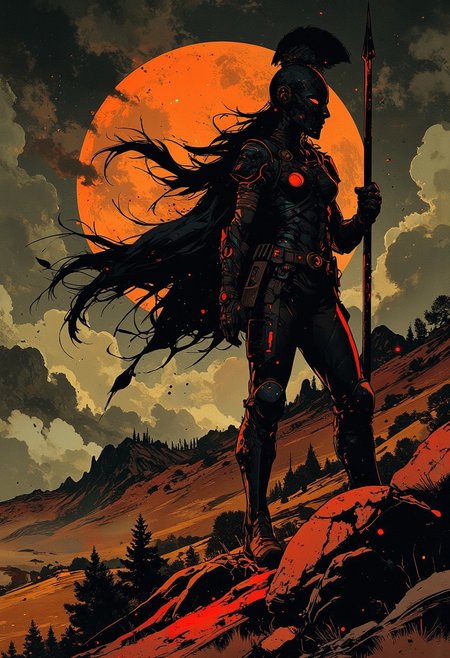 in the style of ck-mgs, nistyle, Inkplash art on rice paper, sepia, henna, Silhouette Art, magnificent, inksplash, closeup portrait, female spartan warrior, flowing black hair, reflective black and neon red armor, armor, holding a spear, abstract background suggesting a mountain top, overlooking a village in a valley, midnight atmosphere, moonlight, moon rays, night, Cowboy Shot, close up,