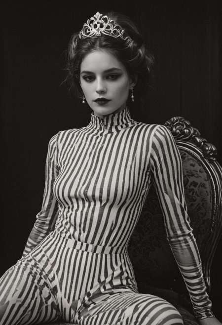 bw-grignani, emphasis lines, horizontal perfect bold lines, perfect align lines, Capture the enigma: A woman sits regally on a lavish throne, her arms casually draped over its ornate arms. Adorned in a white plaster skull mask and a black-and-white striped nylon leotard, paired with over-the-knee striped stockings, she exudes a captivating contrast. Her ensemble is completed with towering white modern heels and a trailing black tulle train. Amidst the opulent surroundings of a Neo Rococo-inspired room, she embodies a fusion of mystery and elegance.. with endless lines guiding the eye.
., atmospheric haze, Film grain, cinematic film still, shallow depth of field, highly detailed, high budget, cinemascope, moody, epic, OverallDetail, 2000s vintage RAW photo, photorealistic, candid camera, color graded cinematic, eye catchlights, atmospheric lighting, imperfections, natural, shallow dof