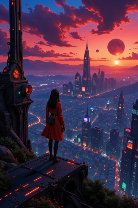 a futuristic sci-fi fantastic cyberpunk city beautiful  landscape, dusk, woman, very intricate, very detailed, sharp, bright, colorful, <lora:Hand v2:0.5> <lora:Anti-Blur:1><lora:Insane Detail Slider:0.25>  <lora:flux.1_lora_flyway_Epic-detail_v2:0.3> <lora:fluxenhancer:0.25> <lora:Anime_style:0.6> anime style
