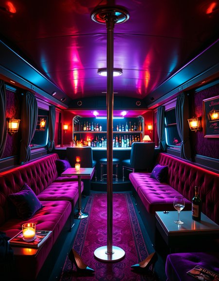 The interior of an old RV transformed into a mysterious, shady lounge with a moody and dimly lit atmosphere. The space is filled with deep red and purple lighting, creating a sultry neon glow. In the center stands a chrome pole mounted to the ceiling and floor, surrounded by plush velvet seats and low tables with half-empty glasses and flickering candles. The walls are lined with heavy curtains and faded wallpaper, giving a vintage and secretive vibe. A small bar area in the back holds various bottles and glasses, with a mirror backsplash reflecting the dim lights. The floor is covered in worn carpets and scattered with high heels, scarves, and old magazines. Subtle details hint at an underground lifestyle, without showing anything explicit. The overall ambiance is smoky, intimate, and cinematic. Highly detailed, noir-inspired, low-key lighting, retro-modern fusion style.
<lora:SDXLFaeTastic2400:0.4> <lora:extremely_detailed:0.4> extremely detailed<lora:4dult_rv:1>,4dult rv, Masterpiece,best quality,hi res,8k,hi res,8k,award winning,(sharp focus, intricate, highly detailed),