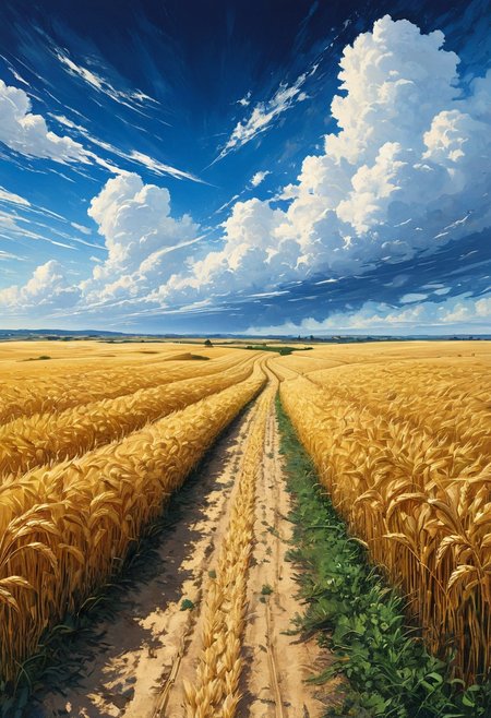 Artwork, anime, cyberpunk,  Vibrant Sharp style. A lone dirt path winds through an endless field of golden wheat, leading toward the distant horizon where the sky erupts in a symphony of billowing clouds. Towering formations of cumulus clouds dominate the sky, painted in striking shades of white and deep blue, their voluminous textures masterfully rendered to create depth and movement. Streaks of light pierce through the atmosphere, illuminating patches of the golden field below, highlighting the intricate details of individual wheat stalks swaying in the wind. The perspective draws the viewer's eye toward the vanishing point, creating a sense of vastness and endless possibility. Rendered in a highly detailed, anime-inspired semi-realistic style, this composition captures the breathtaking majesty of an open landscape, where the sky and earth converge in a display of nature's raw beauty.