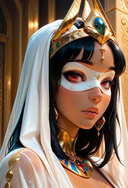 SmoothNoob_Quality, 1girl. a close-up portrait of a woman with a very stylized, ornate egyptian clothing. The subject has a tan skin and full lips, with red eyes. The eyes are covered by an intricately designed see-through white blindfold adorned with gold embellishments and patterns. She wears an egyptian crown with a white richly textured fabric with gold accents, resembling a veil. Her attire includes a robe with gold details and colorful gems, adding to the royal aesthetic. The background is a subtle, light color, enhancing the focus on the subject's elaborate costume and accessories. looking at viewer. black hair. <lora:Smooth_Booster:0.5>  <lora:IncaseStyle_NoobAI:0.3> <lora:All_Disney_Princess_-_Illustrious:0.2>  <lora:SmoothStyle_Lambda:0.5>