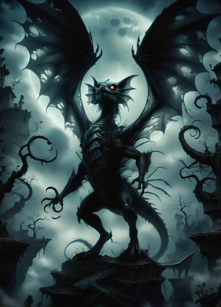 DonMGl00myN1gh7m4r3XL,score_9, score_8_up, score_7_up, score_6_up, a subterranean eclipse tree stocky  Mizutsune wyvern,  frills,  no legs segmented legs,   sextet of iridescent wings, forked tails, ,  creepy, gloomy, <lora:DonMGl00myN1gh7m4r3XL:0.8>