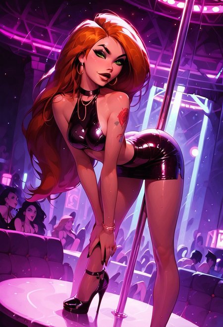 score_9, score_8_up, score_7_up, score_6_up, 1woman,  Kim possible, long hair, orange hair, high heels, disco club top, disco club skirt, solo, make up, smokey black eyeshadow, long eyelashes, eyeliner, full lips,  perfect face, perfect eyes, sexy, sexy girl, beautiful eyes, petite body, medium breasts, seductive, lust, sexy, dynamic angle, yakuza arm tattoo, perfect hands, seductive smile, shiny skin, wet skin, pole dancing, disco club, disco lights, leaning forward