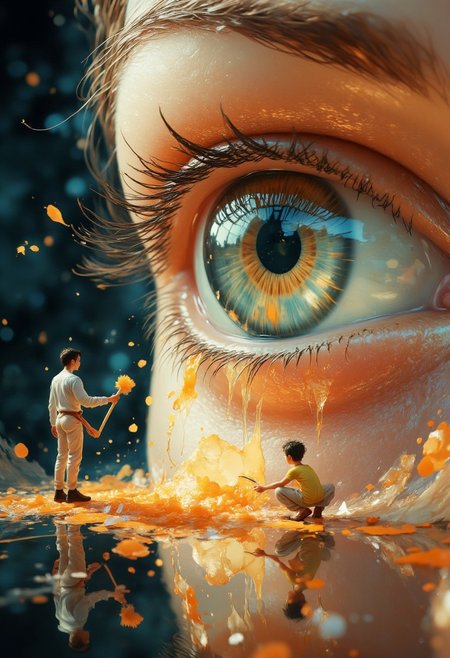 A couple of tiny human using long squeegee brushes cleaning a giant eye, vibrant glow,aidmafluxpro1.1, aidmaMJ6.1,