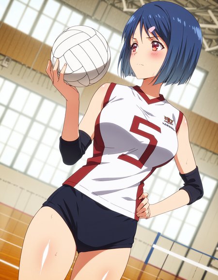 masterpiece,best quality,volleyball uniform,holding ball,volleyball,cowboy shot,sleeveless shirt,hand on waist,white shirt,black buruma,elbow sleeves,knee sleeves,hand up,blush,shiny skin,(skindentation:0.6),dutch angle,(gym:0.9),("5":0.9),depth of field,, <lora:snhr3:1>
snzk,solo,(blue hair:0.6),short hair,(tareme:0.7),(v-shaped eyebrows:0.3),anime coloring,