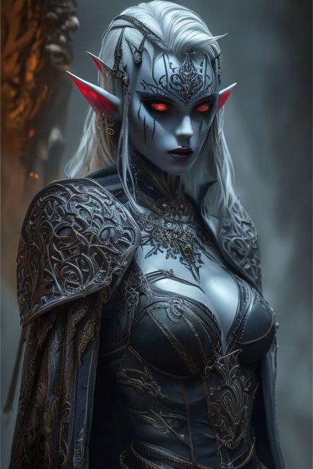 RAW photo, (masterpiece:1.3), subsurface scattering, heavy shadow, (high quality:1.4), (intricate, high detail:1.2), professional photography, HDR, High Dynamic Range, realistic, ultra realistic, photorealistic, high resolution, film photography, ambient lighting, atmospheric effects, <lora:detail_slider_v4:2>, OverallDetail, a female drow warlock, dark makeup, intricate leather armor with arcane patterns, jewellery, cape, tiara, large breasts, flawless skin, lip gloss, <lora:Drow:0.8>, epiCPhoto