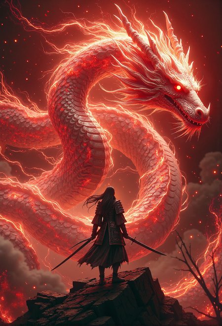 A colossal, ethereal dragon with a ghostly, translucent body coils before a crumbling ancient Japanese temple, its form shifting like mist, adorned with intricate red and black markings that pulse with otherworldly energy. Beneath a dark red sky, casting an ominous glow over the battlefield, a fierce female samurai stands atop the dragonâs massive, serpentine back. She is clad in ornate, traditional samurai armor, gripping a gleaming katana, her gaze unwavering and filled with steely determination. The dragonâs piercing eyes burn with an ancient, knowing fury as its long whiskers and flowing mane ripple in the wind, its sharp talons gripping the shattered stone below. Embers and spectral wisps swirl through the air, blending with the dragonâs shifting essence, creating an eerie yet majestic atmosphere. The scene is bathed in deep reds and shadows, highlighting the samuraiâs intricate armor and the dragonâs ethereal glow, evoking a sense of divine power and legendary vengeance.  <lora:Elden_Ring_-_Yoshitaka_Amano.safetensors:0.35>,  <lora:Dever_Flux_Enhancer:0.5> <lora:Aura_Flux:0.5>
