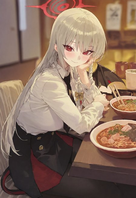 modare, blue archive, haruna \(blue archive\), 1girl, black bow, black necktie, black pantyhose, black skirt, black tail, black wings, blurry, blurry background, blush, bow, braid, brown bow, chopsticks, closed mouth, collared shirt, eyelashes, food, grey hair, hair bow, halo, indoors, long eyelashes, long hair, long sleeves, looking at viewer, mini wings, necktie, noodles, pantyhose, red eyes, red halo, shirt, side braid, single wing, sitting, skirt, smile, solo, tail, white shirt, wings