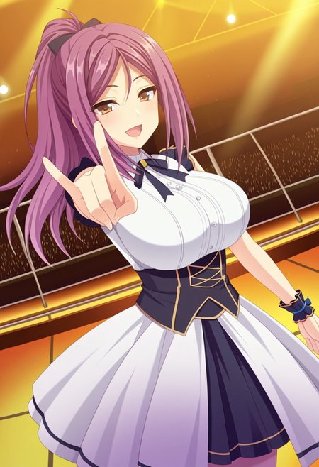 general,highres, ultra-detailed,very aesthetic,best quality ,best hands,best eyes,easynegative,
dynamic anglre, dutch angle, anime cloring,anime screencap,
1girl solo,looking at viewer,on stage, concert hall, dancing, smile, open mouth, 
Jun Moribe,purple hair, long_hair, ponytail, brown_eyes, huge_breasts,idol costume,
