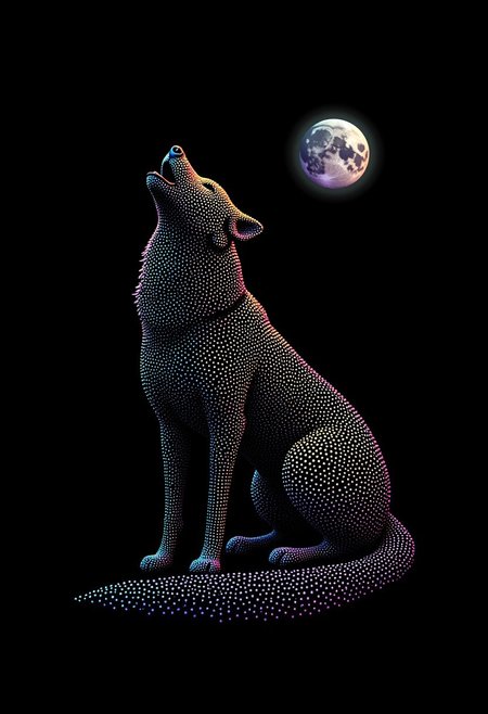 A majestic wolf howling at the moon, made from glowing dots, in the style of PSYCHDOT, isolated on a solid black background