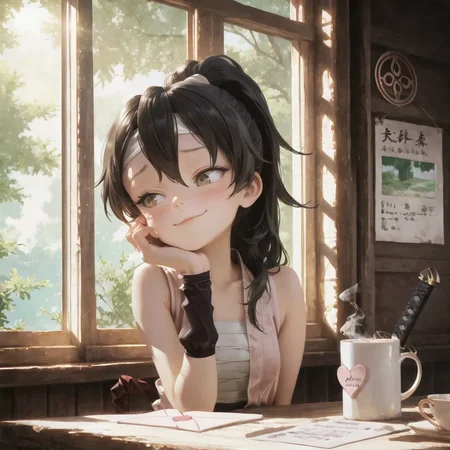 highres, best quality, masterpiece, safe pos, masterpiece, best quality, amazing quality, very aesthetic, absurdres, newest, volumetric lighting, holographic colors, cute, gradient colors, 4k, hd, ultra detailed, sfw, usnr, gbf style, , ambient occlusion, raytracing, soft lighting, bloom effect, absolutely eye-catching, intricate cinematic background, \(beautiful face\), 
BREAK 
,
photo realistic, very aesthetic, scenery, 
BREAK
,
Smiling, happy, blushing, flustered, shy, awkward smile, hand on own cheek, holding love letter, heart on letter, looking at viewer, eye contact, 
BREAK 
,
Cafe background, table, steamy mug, sunlight though window, sunlight, cafe, 
dynamic angle, intricate light, Kunoichi Tsubaki, Long black hair tied in a ponytail, Brown eyes, Fair skin, Red kimono-style outfit, White arm guards, Ninja sandals, Headband with clan symbol, Confident posture, Sword carried on back,