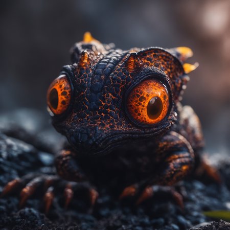 detailed expressive eyes, fantasy style, a cousin of the gummy doodlethorgle, the googly snargleboggle is a tiny creature that prospers in intense heat, building its assimplumized lairs in the flanks of active volcanoes on planet feebleflorm vii, here we get a good look at its scaly tail and intricate eyes as it lays in ambush to prey on the repulsive snickerdigger from the shadows of its fairyfrongled hideout, ultra high detail, ultra realistic, 8k