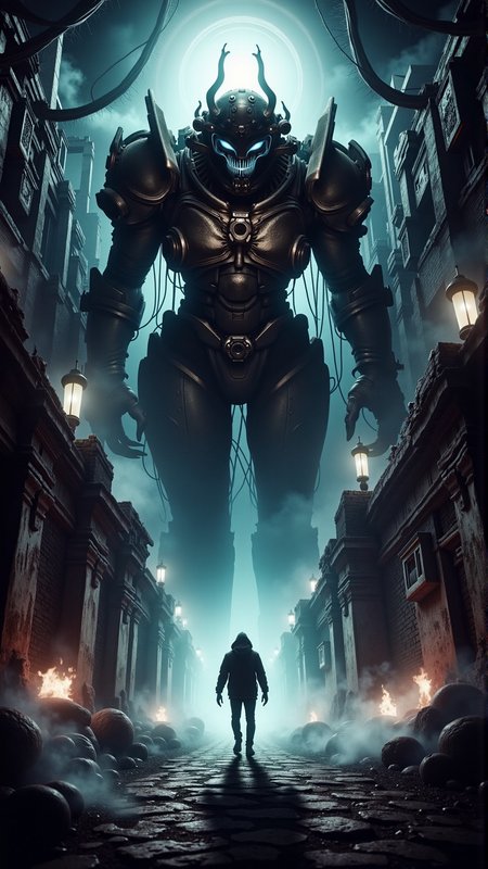 A realistic photo of a mech pilot descending into a cybernetic hell, underworld<lora:DarkmosphericFlux:1>